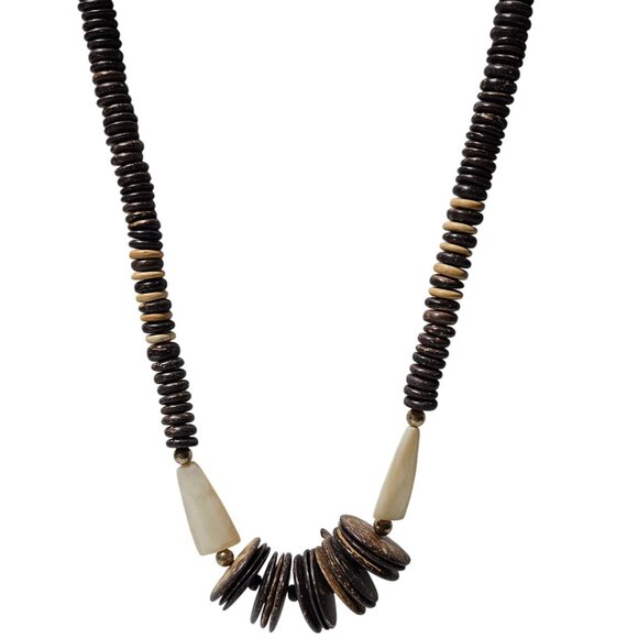 Boho Handmade Coconut Shell Faux Bone Bead Necklace Natural Brown Beach Mens - Picture 1 of 6